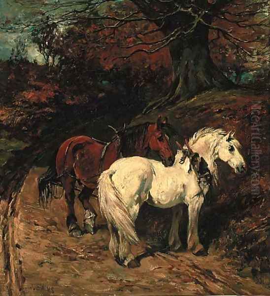 Carthorses on a wooded track - view 1
