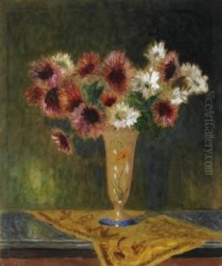Floral Still Life With Dahlias In An Art Nouveau Vase, Decorated On A Table by Ferdinand Schirren