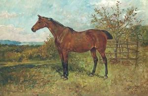A bay hunter in a landscape, thought to be on the Isle of Wight by John Emms