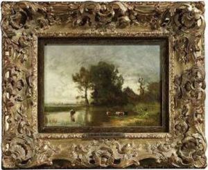 Landscape With Cows At A Pond. by Schleich Eduard I & Bach Alois