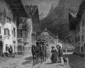 "ankunft Der Postkutsche In
 Mittenwald". Sign. Ol Auf Karton. 9,5 X 12,5 Cm. Rahmen