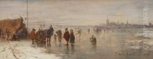Eisvergnugen Vor Niederlandischer Stadt. by Robert Schleich