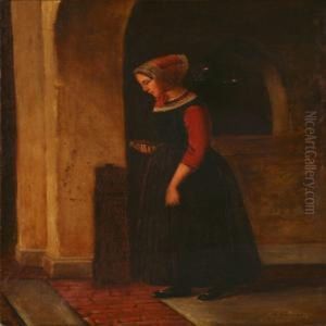 Interior With A Woman In A Folk Costume by Christian Andreas Schleisner