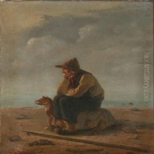 A Fisherman And His Do, Looking Out Over The Ocean by Christian Andreas Schleisner