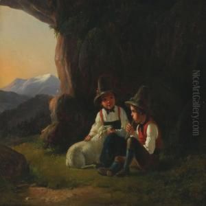 Landscape With Boys And A Sheep Resting At A Cave by Christian Andreas Schleisner