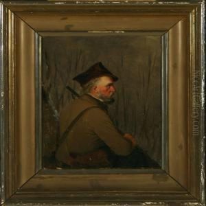 A Hunter Sitting By A Lake Shore A Face To The Right by Christian Andreas Schleisner