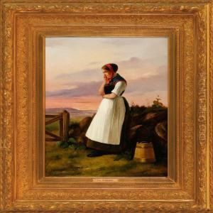Peasant Girl Resting Against A Drystone Wall by Christian Andreas Schleisner