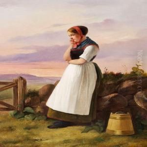 A Peasant Girl Is Resting Against A Drystone Wall by Christian Andreas Schleisner