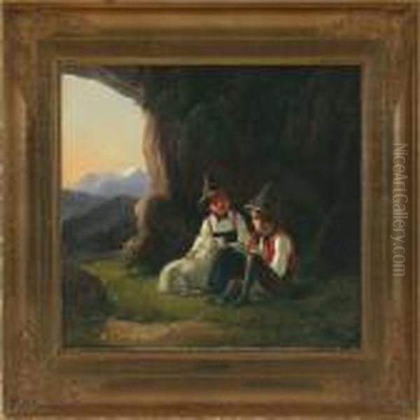 Landscape With Boysand A Sheep Resting At A Cave - view 1