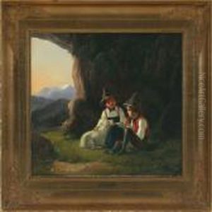 Landscape With Boysand A Sheep Resting At A Cave by Christian Andreas Schleisner