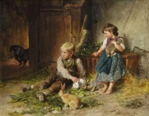 Madchen Und Junge Mit Kaninchen Im Stall