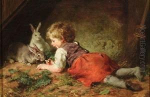 Ein Kleines Madchen Futtert Zwei Haschen by Felix Schlesinger