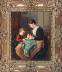 Junge Mutter Mit Tochter Im Interieur Beim Schalen Einer Orange by Felix Schlesinger
