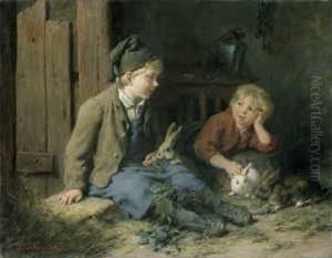 Zwei Kinder Mit Kaninchen Spielend. by Felix Schlesinger