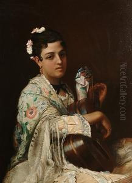 Portrait, Half Length, Of A 
Spanish Lady, Wearing An Embroidered Silk Shawl, Playing The Guitar - view 1