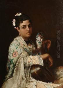 Portrait, Half Length, Of A
Spanish Lady, Wearing An Embroidered Silk Shawl, Playing The Guitar by Henry Guillaume Schlesinger