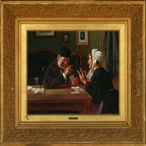 Interior With A Man Anda Woman Paying Cards by Carl Schlichting-Carlsen