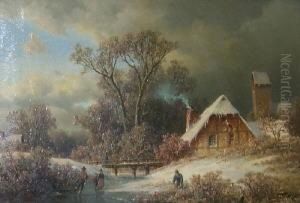 Verschneites Gehoft Am Flus Mit Figurenstaffage. Unten Rechts Signiert August Schliecker by August Schliecker
