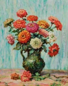 Sommerblumenstraus In Grunem Krug by Willy Schlobach