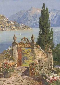 An ornamental garden above an Italian lake by William Maw Egley