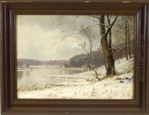 Winter Am Bewaldeten Seeufer by Alexander Schmidt