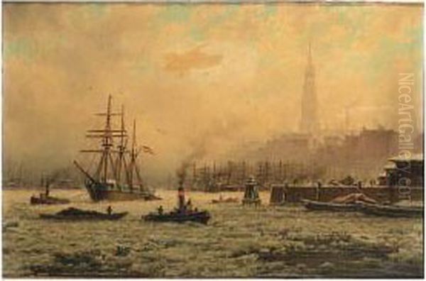 View Of The Harbour Of Hamburg In Winter - view 1