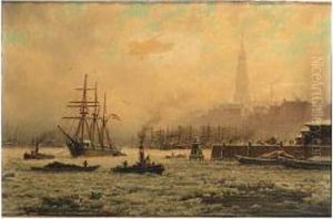 View Of The Harbour Of Hamburg In Winter by Georg Schmitz