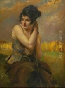 Junge Frau Im Kornfeld. by Leopold Schmutzler