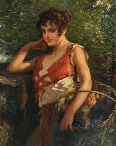 Portrait Of A Young Beauty With Fruit Basket by Leopold Schmutzler