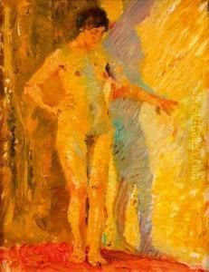 Femme Nue Debout Sur Fond Jaune by Emile Schneider