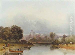 Figures and boats on the Thames below Windsor Castle by William of Eton Evans