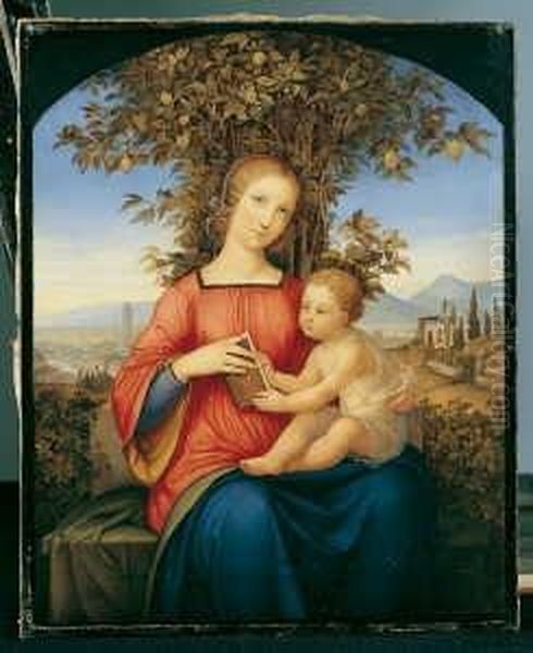 Umkreis Madonna Mit Kind Auf 
Einer Gartenbank Sitzend. Im Hintergrund Das Panorama Von Florenz. Ol 
Auf Leinwand. H 55; B 44 Cm. Provenienz: Privatsammlung, Zurich - view 1