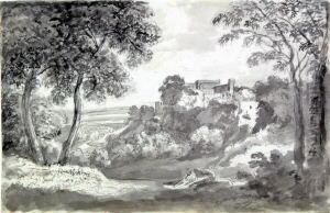 Zugeschrieben. Arkadische
Landschaft Mit Befestigter Stadt Auf Einer Anhohe, Eingefast Von
Baumgruppen Im Vordergrund by Johann Nepomuk Schodlberger