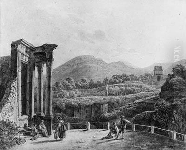 The Temple Of The Sybills At
Tivoli With Figures Overlooking Theruins Of The Villa Gregoriana - view 1