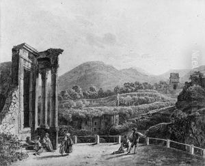 The Temple Of The Sybills At 
Tivoli With Figures Overlooking Theruins Of The Villa Gregoriana by Johann Nepomuk Schodlberger
