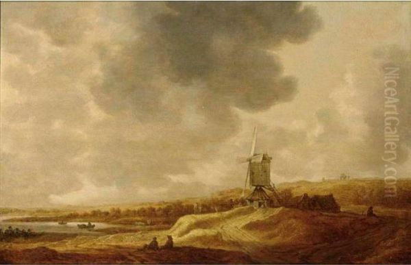 A Panoramic River Landscape With A Windmill And Travellers Resting In The Foreground - view 1