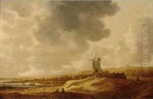 A Panoramic River Landscape With A Windmill And Travellers Resting In The Foreground A Panoramic River Landscape With A Windmill And Travellers Resting In The Foreground