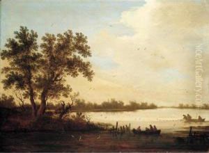 A River Landscape With Peasants Netting Fish From Boats A River Landscape With Peasants Netting Fish From Boats