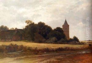 Landschap in't Gooi bij het dorp Blaricum by Adriaen van Everdingen
