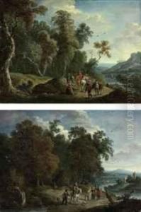 A Wooded River Landscape With A Hunting Party On A Track by Mattijs Schoevaerdts