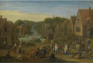 A Village Landscape With 
Numerous Figures At A Vegetable Market,a Stream Passing Through Beyond