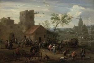 A Village 'kermesse' With Figures Making Merry, Archers Playing Agame Beyond by Mattijs Schoevaerdts
