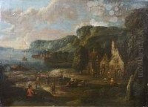 A Coastal Landscape With Numerous Figures Outside Buildings by Mattijs Schoevaerdts
