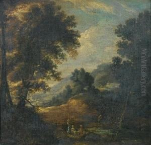 A Wooded Landscape With Figures Resting On Ariverbank