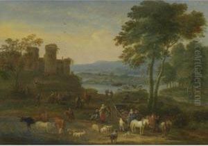 A River Landscape With Herders
And Their Animals On A Path With Other Figures, A Village Beyond by Mattijs Schoevaerdts