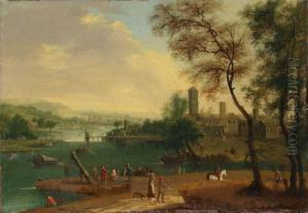 Flusslandschaft Mit Einem Kleinem Binnenhafen Und Einer Stadt - view 1