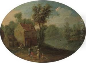 A Wooded River Landscape With Figures By A House by Mattijs Schoevaerdts