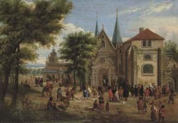 Figures Gathered In Front Of A Church In A Wooded Landscape - view 1