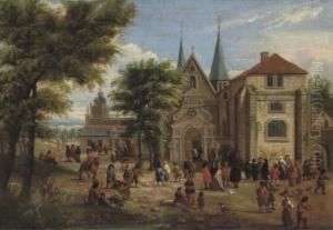 Figures Gathered In Front Of A Church In A Wooded Landscape by Mattijs Schoevaerdts