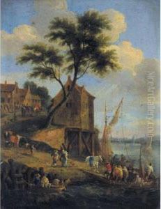 Figures Disembarking From A Ferry With Their Horses, A Village Beyond Figures Disembarking From A Ferry With Their Horses, A Village Beyond